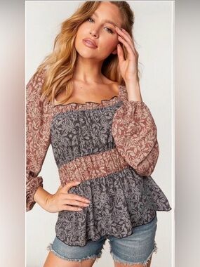 New Women’s Charcoal And Rust Floral Long Sleeve Spring Blouse Top